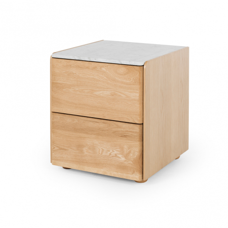 Cube Oak Bed side Table - Natural with Marble Top