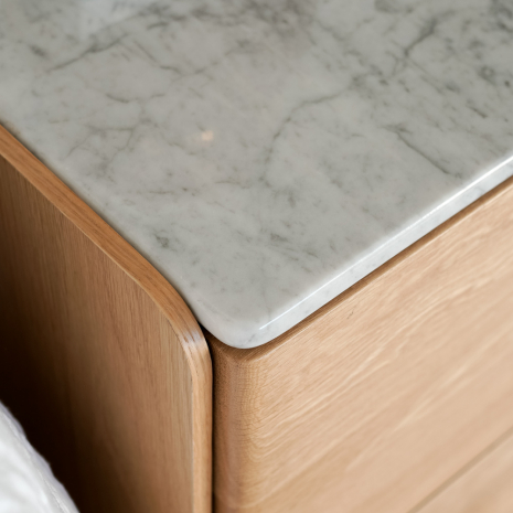 Cube Oak Bed side Table - Natural with Marble Top