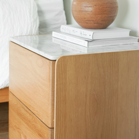 Cube Oak Bed side Table - Natural with Marble Top