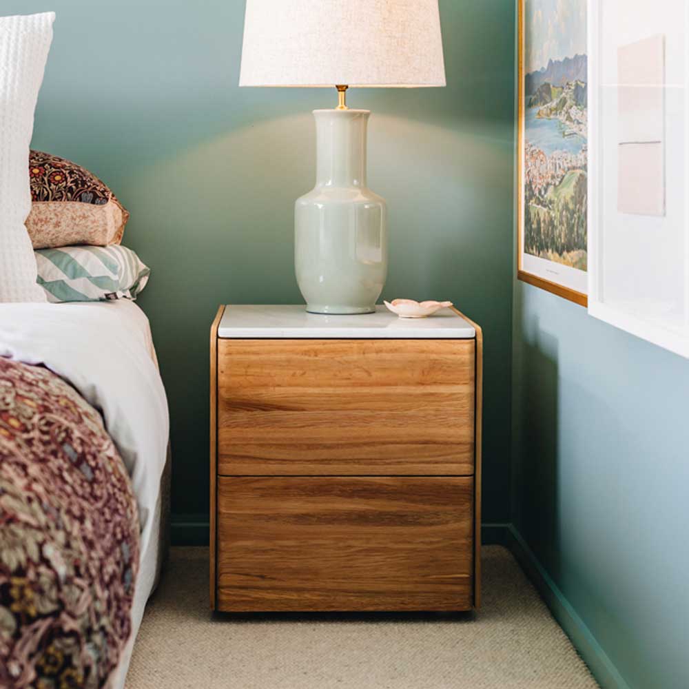 Cube Oak Bed side Table - Natural with Marble Top